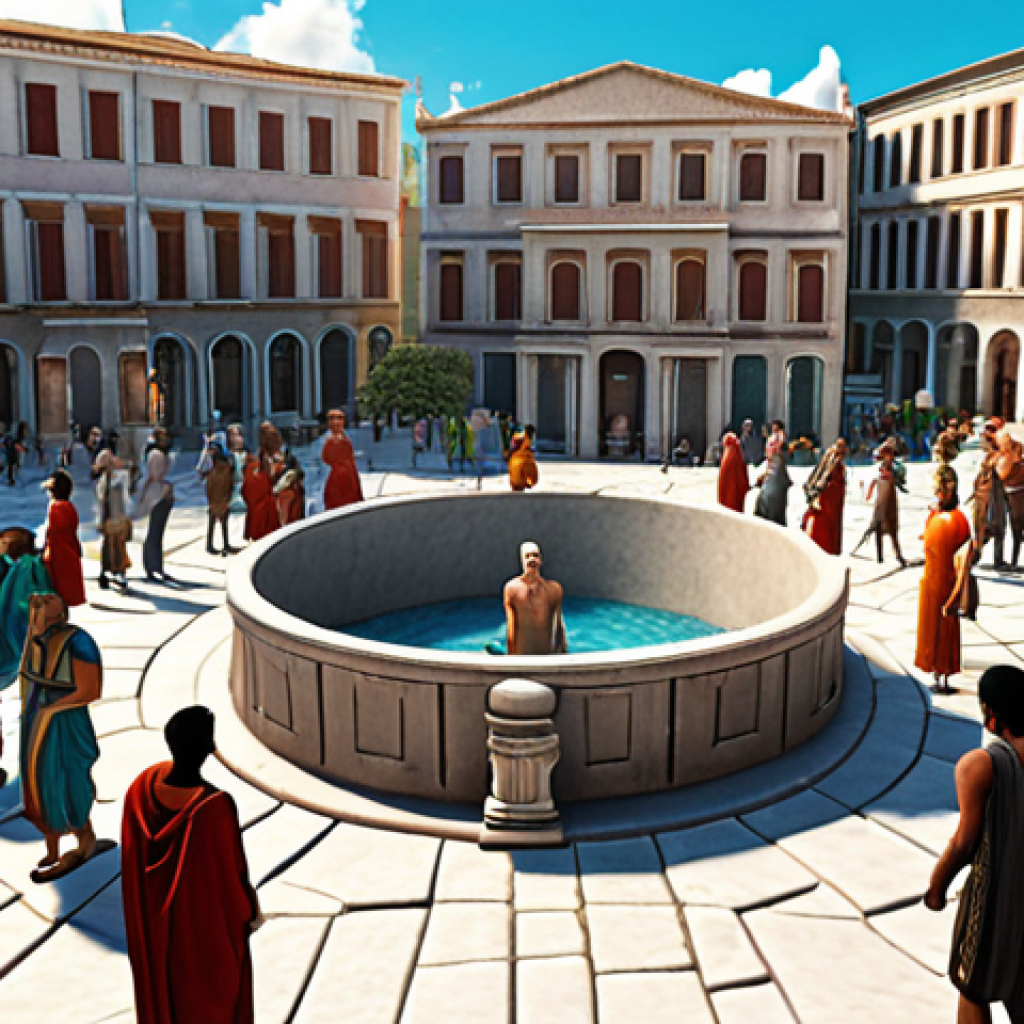 **A bustling virtual city square with avatars:** A vibrant scene depicting a diverse group of avatars in a metaverse city square, reminiscent of ancient Greece, freely sharing ideas and engaging in discussions. The image should convey a sense of community, democracy, and active participation. Include elements of blockchain technology subtly incorporated into the environment.