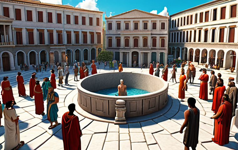 **A bustling virtual city square with avatars:** A vibrant scene depicting a diverse group of avatars in a metaverse city square, reminiscent of ancient Greece, freely sharing ideas and engaging in discussions. The image should convey a sense of community, democracy, and active participation. Include elements of blockchain technology subtly incorporated into the environment.